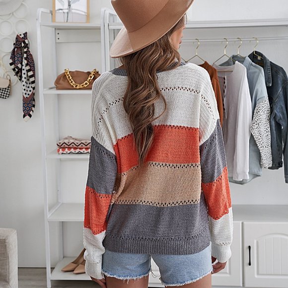 Gray Color Block Deep V Neck Wrap Sweater - Picture 6 of 7